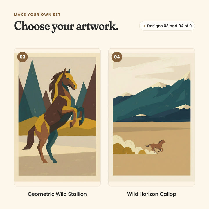 Designs 03 and 04 of 9: Geometric Wild Stallion, a rearing horse with a mustard mane before teal and brown peaks, and Wild Horizon Gallop, a horse galloping across a plain under snowy teal mountains
