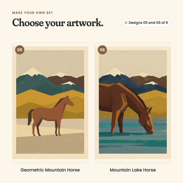 Designs 05 and 06 of 9: Geometric Mountain Horse, a horse before layered mustard hills and snowy peaks, and Mountain Lake Horse, a horse drinking from a teal lake below snowy peaks