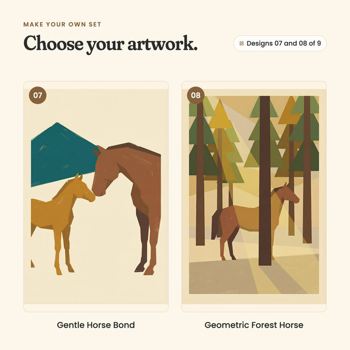 Designs 07 and 08 of 9: Gentle Horse Bond, a mare and her mustard foal nose to nose, and Geometric Forest Horse, a horse among tall pines with sun rays