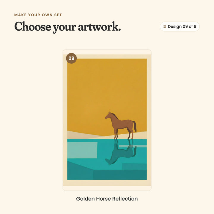 Design 09 of 9: Golden Horse Reflection, a small horse on a turquoise lake shore with its reflection under a mustard sky