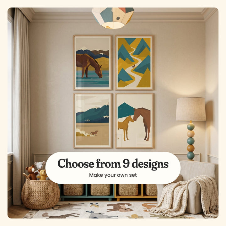Kids' room with four geometric horse prints in light wood frames in two rows under a geometric paper pendant, above a teal and mustard cube shelf with woven baskets and a basket of teddy bears, beside an armchair with a knit throw: a horse drinking from a teal lake, a tiny horse on a winding mountain path, a horse galloping under snowy peaks and a mare with her foal, labeled Choose from 9 designs, Make your own set