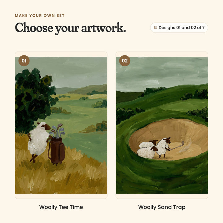 Designs 01 and 02 of 7: Woolly Tee Time, a sheep leaning on a brown golf bag in tall golden grass, and Woolly Sand Trap, three sheep in a sand bunker, two lying together and one standing to swing a club