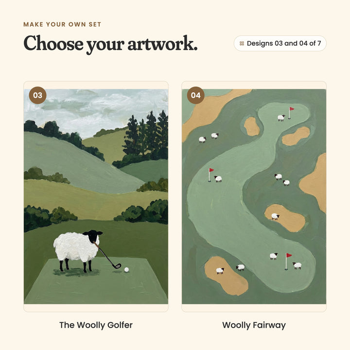 Designs 03 and 04 of 7: The Woolly Golfer, a black-faced sheep lining up a golf ball on the tee, and Woolly Fairway, a winding fairway seen from above, dotted with little sheep, sand traps and red flags