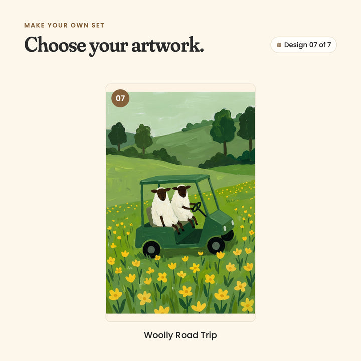 Design 07 of 7: Woolly Road Trip, two sheep driving a green golf cart through yellow flowers