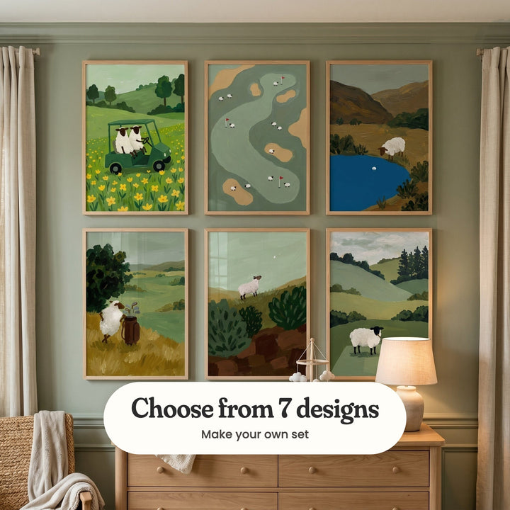 Sage green panelled room with six golfing sheep prints in light wood frames in two rows above a light wood dresser with a lamp, beside a woven chair with a throw: Woolly Road Trip, Woolly Fairway, Serene Lakeside Sheep, Woolly Tee Time, Hilltop Sheep and The Woolly Golfer, with a label reading Choose from 7 designs, Make your own set