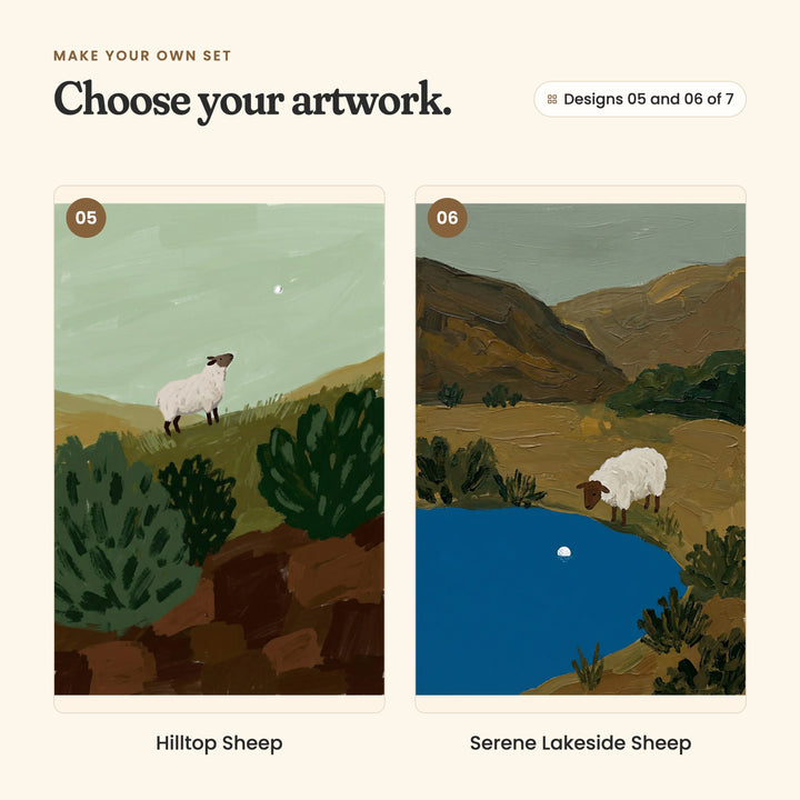 Designs 05 and 06 of 7: Hilltop Sheep, a sheep on a grassy hilltop above green bushes, with a small pale moon in the sky, and Serene Lakeside Sheep, a sheep grazing by a deep blue pond with a golf ball in the water