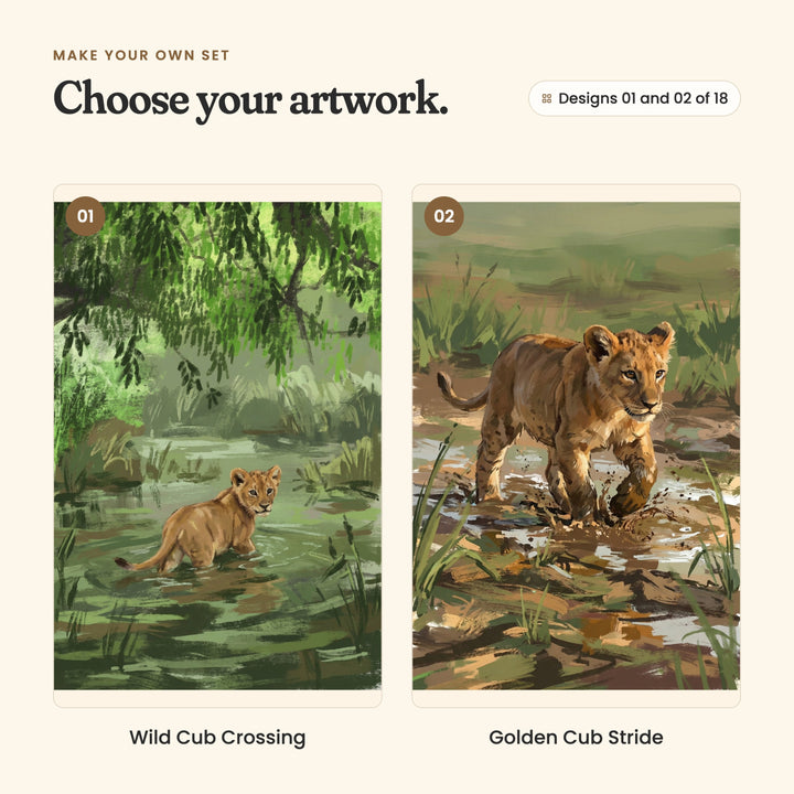Designs 01 and 02 of 18: Wild Cub Crossing, a lion cub wading through a green river, and Golden Cub Stride, a lion cub splashing through a muddy pool