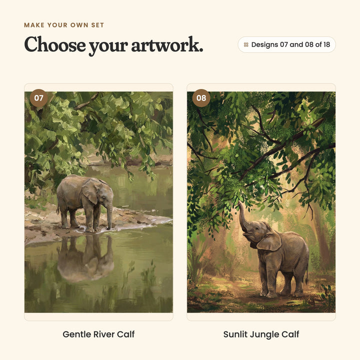 Designs 07 and 08 of 18: Gentle River Calf, an elephant calf on a riverbank beside its reflection, and Sunlit Jungle Calf, an elephant calf raising its trunk under the trees
