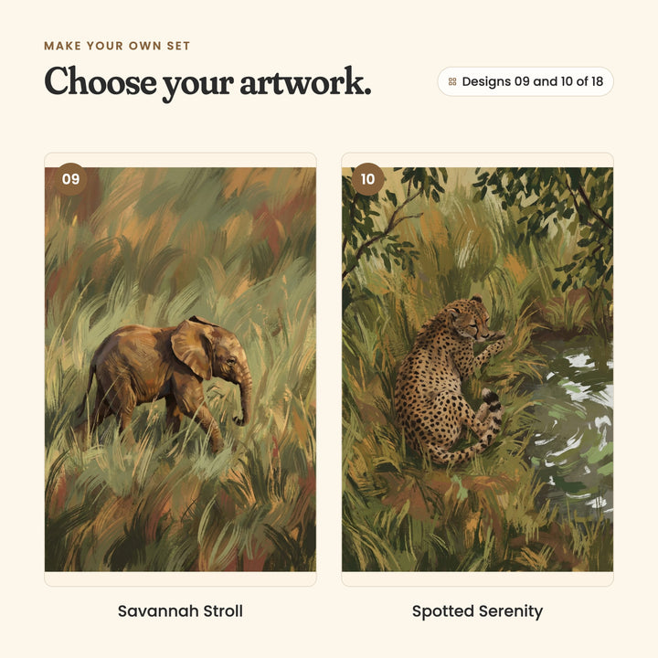 Designs 09 and 10 of 18: Savannah Stroll, an elephant calf walking through tall grass, and Spotted Serenity, a cheetah resting in the grass by the water