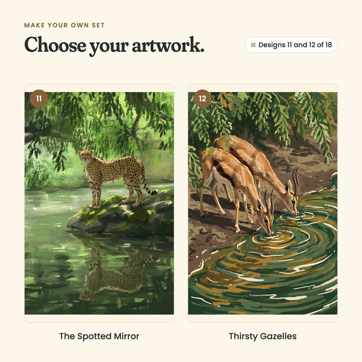 Designs 11 and 12 of 18: The Spotted Mirror, a cheetah standing on a mossy rock in a river, and Thirsty Gazelles, two gazelles drinking from swirling water