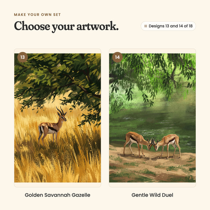 Designs 13 and 14 of 18: Golden Savannah Gazelle, a gazelle standing in golden grass, and Gentle Wild Duel, two gazelles touching horns by a green river