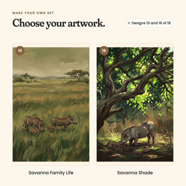 Designs 15 and 16 of 18: Savanna Family Life, a warthog family out on the plain, and Savanna Shade, a warthog snuffling the ground under a big shady tree