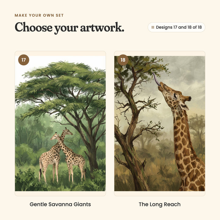 Designs 17 and 18 of 18: Gentle Savanna Giants, two giraffes under an acacia tree, and The Long Reach, a giraffe stretching up to the leaves of a tree