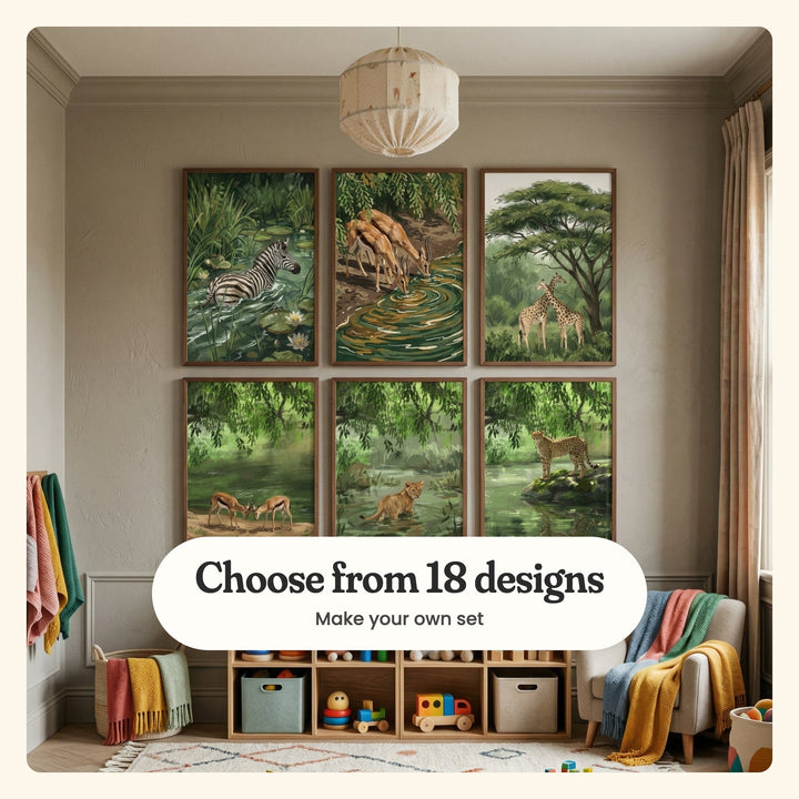 Kids' room with six safari animal prints in dark wood frames in two rows above a wood cubby shelf with toys and colorful throws, beside an armchair and a pendant light: Striped Water Wader, Thirsty Gazelles, Gentle Savanna Giants, Gentle Wild Duel, Wild Cub Crossing and The Spotted Mirror, labeled Choose from 18 designs, Make your own set