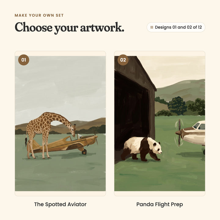 Designs 01 and 02 of 12: The Spotted Aviator, a giraffe bending down over a small tan plane on green grass, and Panda Flight Prep, a panda walking out of a dark hangar beside a cream propeller plane