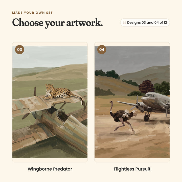 Designs 03 and 04 of 12: Wingborne Predator, a leopard lying on the wing of an old wrecked plane, and Flightless Pursuit, an ostrich running beside a silver twin-engine airliner on a dusty strip
