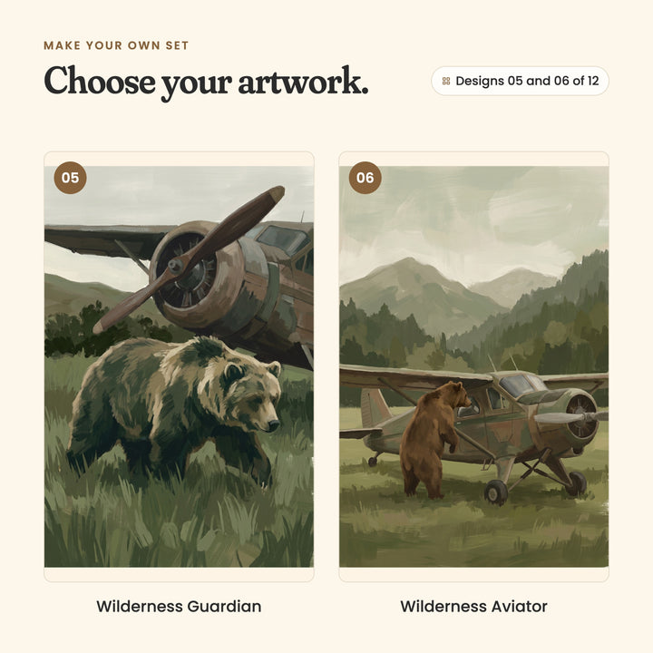 Designs 05 and 06 of 12: Wilderness Guardian, a brown bear walking in tall grass before an old propeller plane, and Wilderness Aviator, a brown bear standing up against a bush plane before misty forested mountains