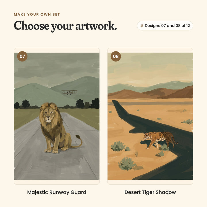Designs 07 and 08 of 12: Majestic Runway Guard, a lion sitting on a runway with a biplane in the sky, and Desert Tiger Shadow, a tiger walking in a plane wing's shadow on orange desert sand
