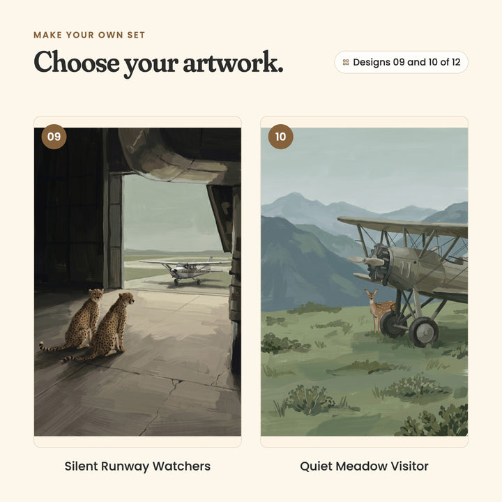 Designs 09 and 10 of 12: Silent Runway Watchers, two cheetahs sitting in a hangar doorway looking out at a small white plane, and Quiet Meadow Visitor, a spotted fawn beside an old biplane in a mountain meadow