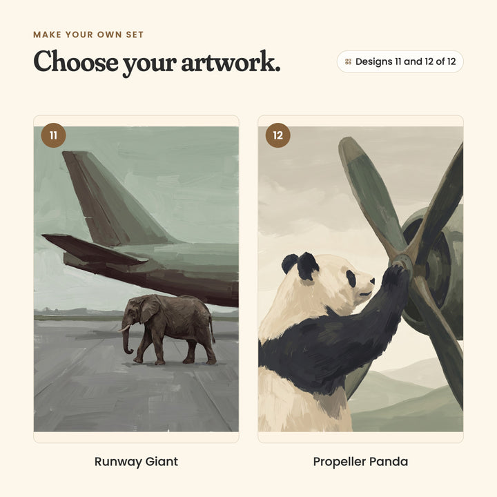Designs 11 and 12 of 12: Runway Giant, an elephant walking on a runway under a jet's tail, and Propeller Panda, a panda reaching up to a big propeller