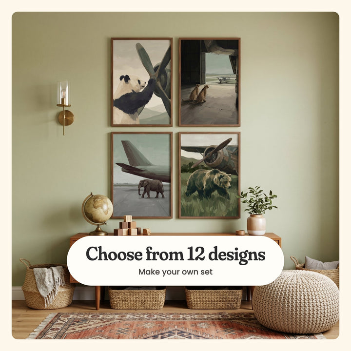 Kids' room with a sage wall and four airfield animal prints in walnut frames in two rows beside a brass sconce, above a wood console with a globe, wooden blocks and a plant, with woven baskets, a knit pouf and a red patterned rug: a panda at a propeller, two cheetahs in a hangar doorway, an elephant under a jet's tail and a bear walking in tall grass by a plane, labeled Choose from 12 designs, Make your own set