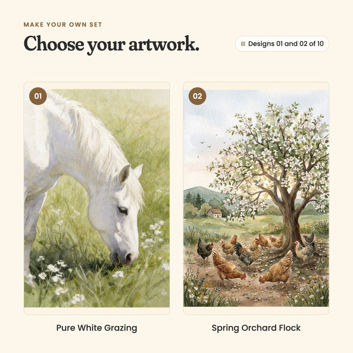 Designs 01 and 02 of 10: Pure White Grazing, a white horse grazing among white wildflowers, and Spring Orchard Flock, hens pecking under a blossoming tree with a farmhouse beyond