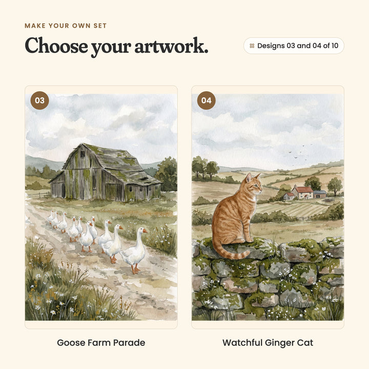 Designs 03 and 04 of 10: Goose Farm Parade, white geese walking a dirt lane past an old mossy barn, and Watchful Ginger Cat, a ginger tabby cat on a mossy stone wall above rolling fields