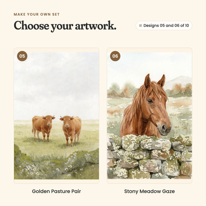 Designs 05 and 06 of 10: Golden Pasture Pair, two brown cows standing in a green pasture, and Stony Meadow Gaze, a chestnut horse looking over a mossy stone wall