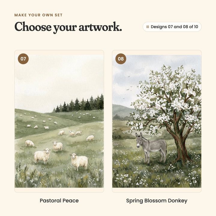 Designs 07 and 08 of 10: Pastoral Peace, sheep grazing on green hills below a line of pine trees, and Spring Blossom Donkey, a grey donkey under a blossoming tree