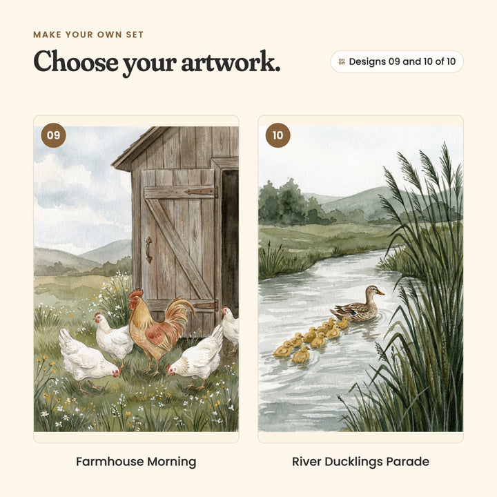 Designs 09 and 10 of 10: Farmhouse Morning, a rooster and white hens by a weathered barn door, and River Ducklings Parade, a mother duck leading a line of ducklings down a reedy river