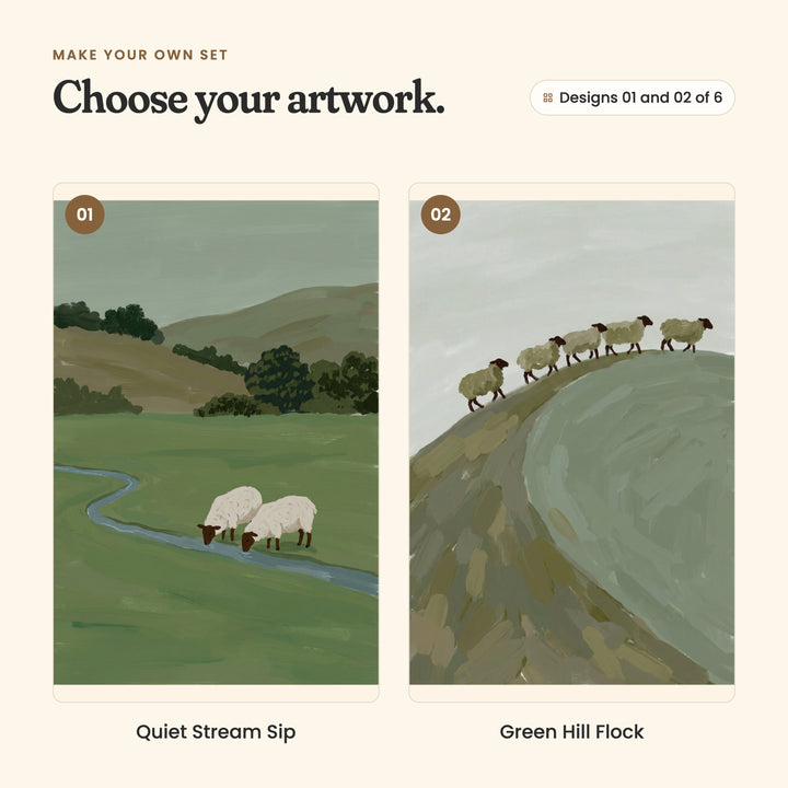 Designs 01 and 02 of 6: Quiet Stream Sip, two sheep drinking at a winding stream in a green valley, and Green Hill Flock, five sheep walking along a grey-green hill ridge