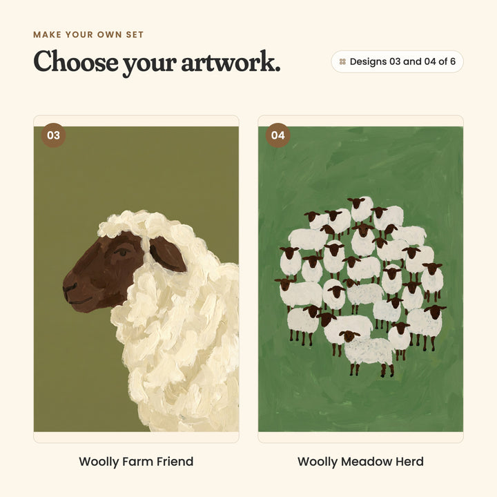 Designs 03 and 04 of 6: Woolly Farm Friend, a close-up of a woolly cream sheep with a brown face on olive green, and Woolly Meadow Herd, a big round huddle of sheep on bright green grass