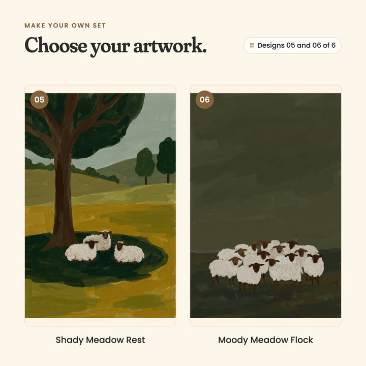 Designs 05 and 06 of 6: Shady Meadow Rest, three sheep resting in a big tree's shade in a golden meadow, and Moody Meadow Flock, a small flock huddled under a dark olive sky