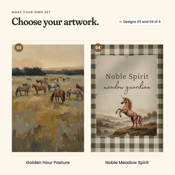 Designs 03 and 04 of 4: Golden Hour Pasture, a herd of horses grazing in a golden field at dusk, and Noble Meadow Spirit, a chestnut unicorn rearing on a hilltop inside an olive gingham border, with the words Noble Spirit, meadow guardian