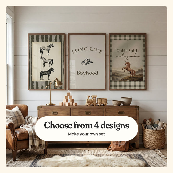 Kids' room with a white plank wall and three western prints in dark wood frames above a wood dresser with a brass lamp, wooden blocks and a toy train, beside a leather armchair and a basket of plush toys: Vintage Equine Trio, Timeless Western Youth and Noble Meadow Spirit, labeled Choose from 4 designs, Make your own set