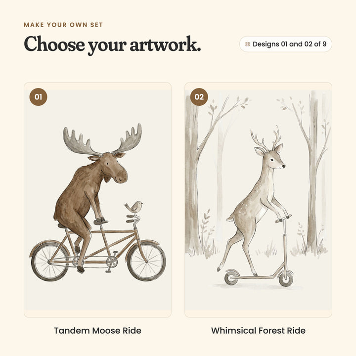 Designs 01 and 02 of 9: Tandem Moose Ride, a moose riding a tandem bike with a little bird on the handlebars, and Whimsical Forest Ride, a young deer riding a kick scooter among bare trees