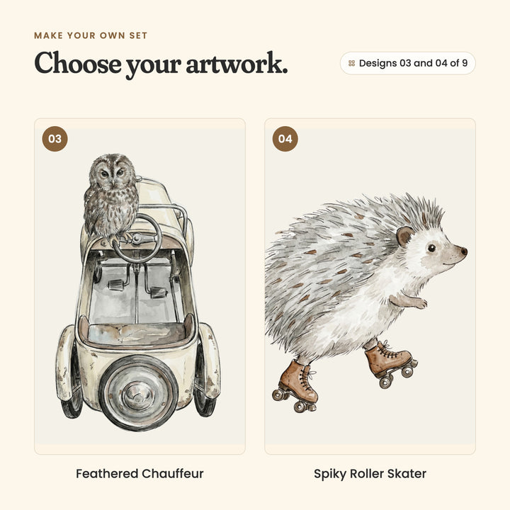 Designs 03 and 04 of 9: Feathered Chauffeur, an owl perched on a cream vintage pedal car, and Spiky Roller Skater, a hedgehog in brown roller skates
