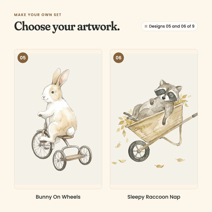 Designs 05 and 06 of 9: Bunny On Wheels, a bunny riding a tricycle, and Sleepy Raccoon Nap, a raccoon napping in a wheelbarrow full of autumn leaves
