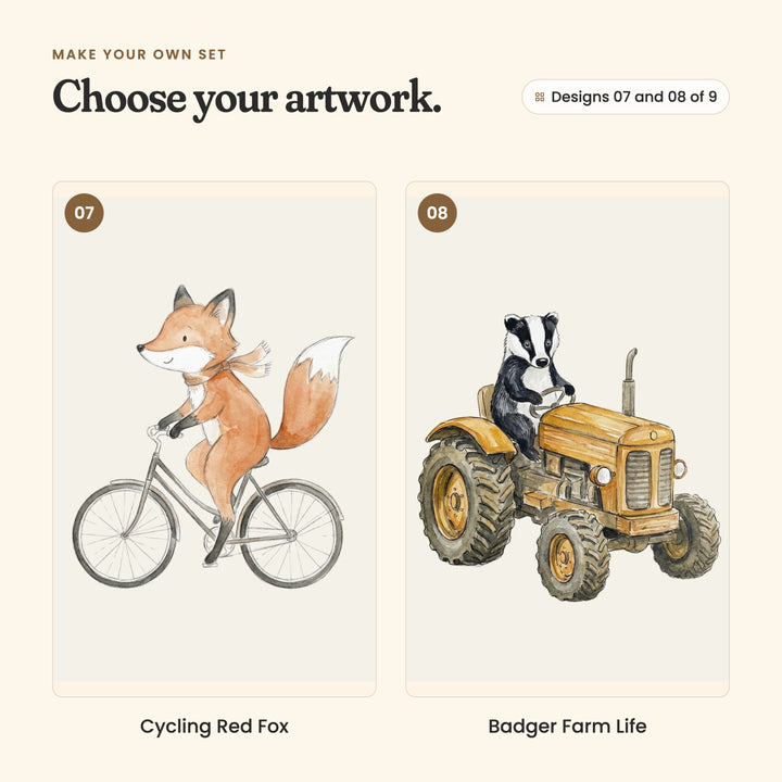 Designs 07 and 08 of 9: Cycling Red Fox, a fox in a scarf riding a bicycle, and Badger Farm Life, a badger driving a mustard tractor
