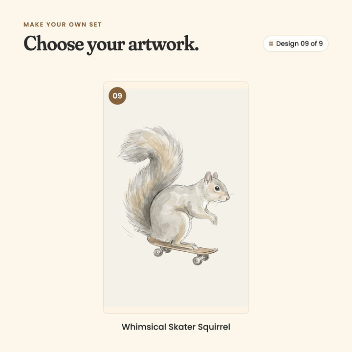 Design 09 of 9: Whimsical Skater Squirrel, a grey squirrel riding a skateboard