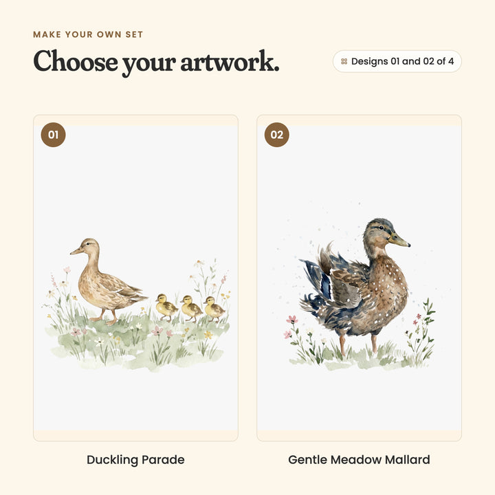 Designs 01 and 02 of 4: Duckling Parade, a brown mother duck leading three yellow ducklings through wildflowers, and Gentle Meadow Mallard, a spotted brown duck fluffing its navy-tipped wings among pink flowers