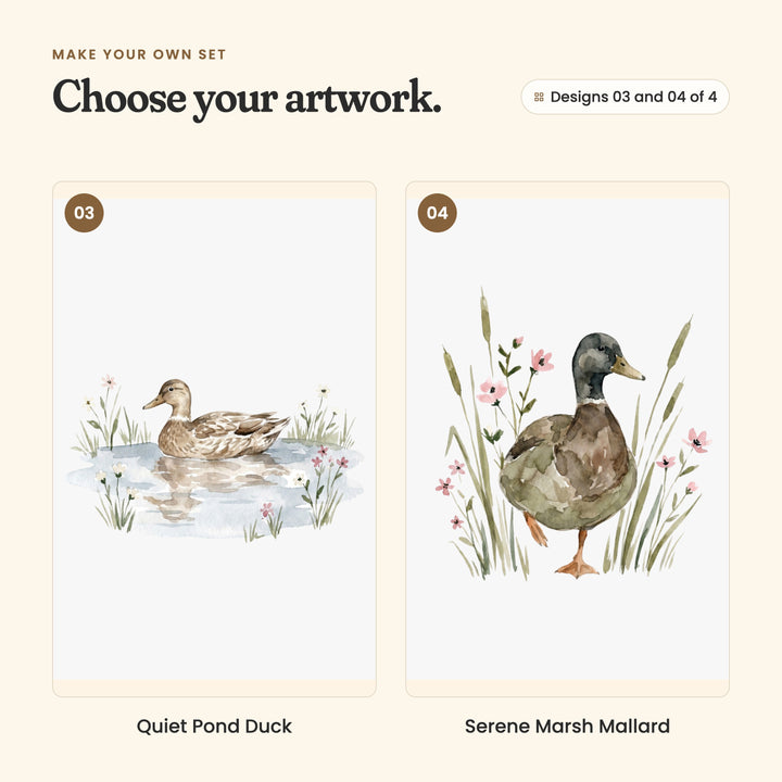 Designs 03 and 04 of 4: Quiet Pond Duck, a brown duck floating on a pale blue pond with its reflection, and Serene Marsh Mallard, a green-headed mallard walking through cattails and pink flowers