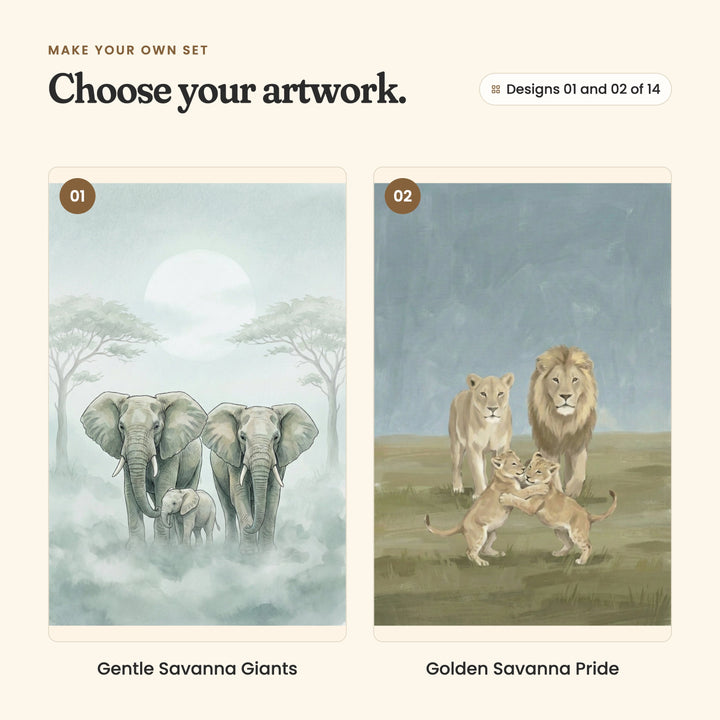 Designs 01 and 02 of 14: Gentle Savanna Giants, two elephants and their calf among acacia trees in a pale misty green haze, and Golden Savanna Pride, a lion and lioness watching two cubs play on the grass