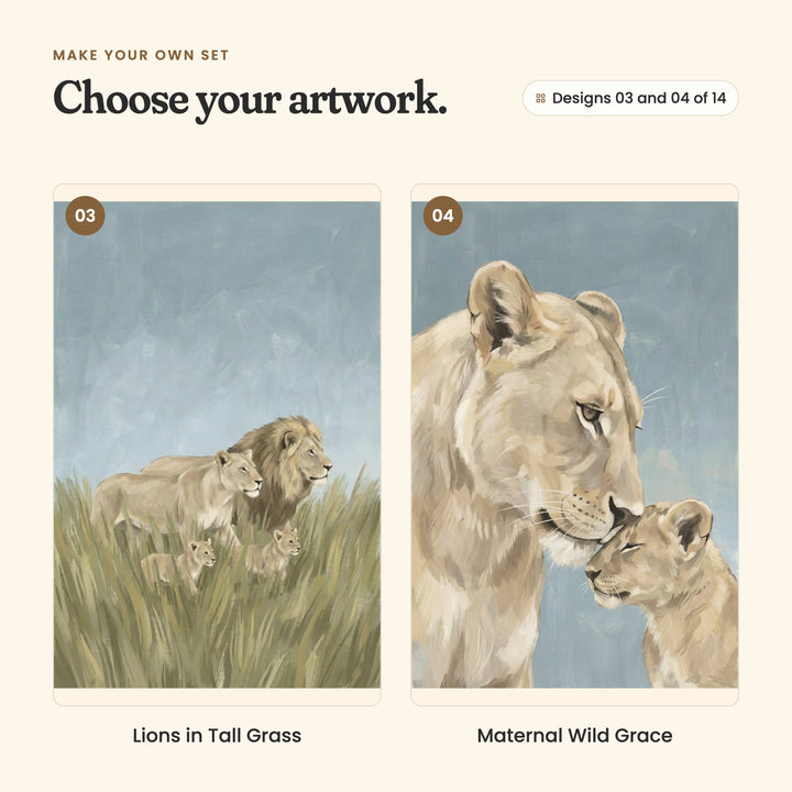 Designs 03 and 04 of 14: Lions in Tall Grass, a lion and lioness with two cubs in tall golden grass, and Maternal Wild Grace, a close view of a lioness nuzzling her cub