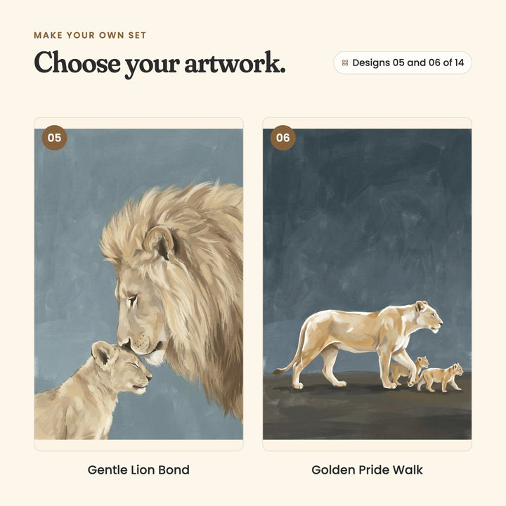 Designs 05 and 06 of 14: Gentle Lion Bond, a close view of a lion touching noses with his cub, and Golden Pride Walk, a lioness walking with two cubs against a deep slate blue sky