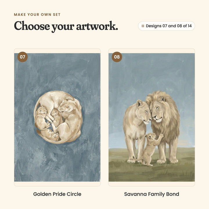 Designs 07 and 08 of 14: Golden Pride Circle, a lioness and cubs curled up together in a round ball, and Savanna Family Bond, a lion and lioness leaning together over their cub