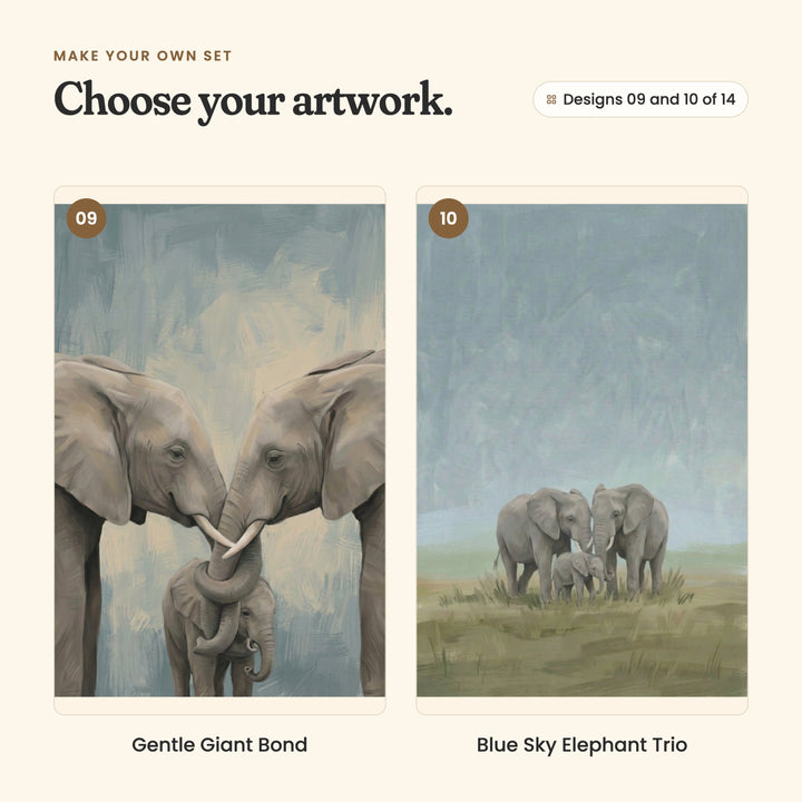 Designs 09 and 10 of 14: Gentle Giant Bond, two elephants touching trunks above their calf, and Blue Sky Elephant Trio, two elephants and their calf standing on the grassy savanna under a dusty blue sky