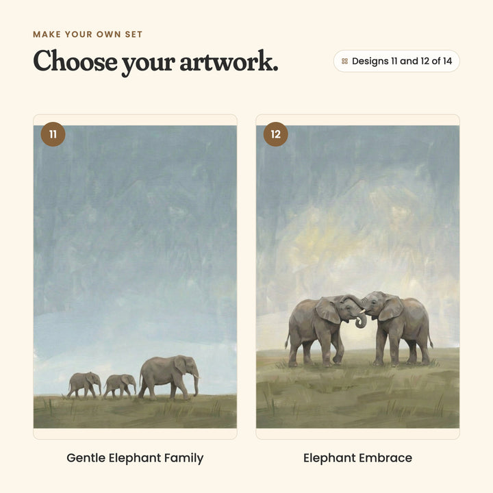 Designs 11 and 12 of 14: Gentle Elephant Family, an elephant walking with two calves across the savanna, and Elephant Embrace, two elephants twining their trunks together on the grass