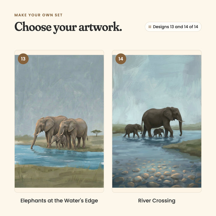 Designs 13 and 14 of 14: Elephants at the Water's Edge, two elephants and a calf drinking at a blue river, and River Crossing, an elephant leading two calves across a pebbly river