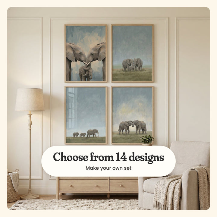 Cream panelled nursery with four elephant family prints in light wood frames in two rows above a light wood dresser, beside a floor lamp and a cream armchair: Gentle Giant Bond, Blue Sky Elephant Trio, Gentle Elephant Family and Elephant Embrace, labeled Choose from 14 designs, Make your own set